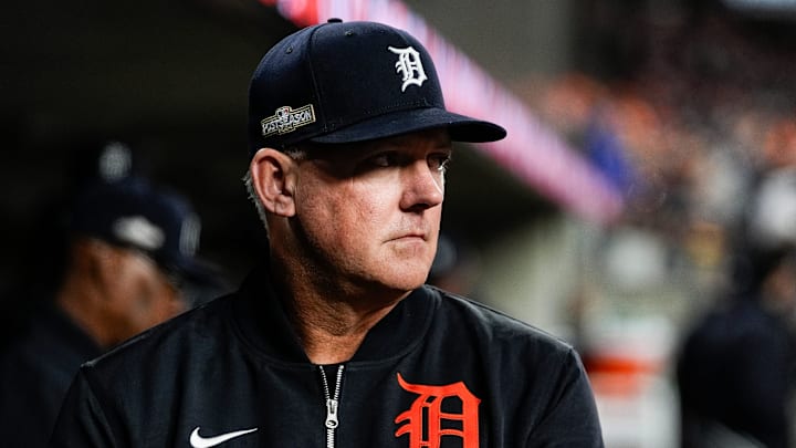 Detroit Tigers manager A.J. Hinch (14) looks on during the sixth inning against Cleveland Guardians at Game 4 of ALDS at Comerica Park in Detroit on Thursday, Oct. 10, 2024. Detroit Tigers manager A.J. Hinch (14) looks on during the sixth inning against Cleveland Guardians at Game 4 of ALDS at Comerica Park in Detroit on Thursday, Oct. 10, 2024.