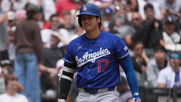 Jun 14, 2026; Chicago, Illinois, USA; Los Angeles Dodgers two-way player Shohei Ohtani (17) goes back to the dugout after striking out against the Chicago White Sox during the third inning at Rate Field. Mandatory Credit: David Banks-Imagn Images