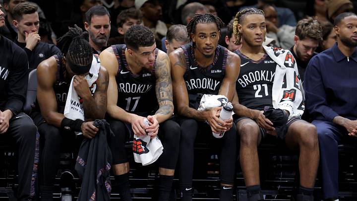 Jan 9, 2026; Brooklyn, New York, USA; Brooklyn Nets guard Terance Mann (14) and forward Michael Porter Jr. (17) and center Nic Claxton (33) and forward Noah Clowney (21) sit on the bench late during the fourth quarter against the Los Angeles Clippers at Barclays Center. Mandatory Credit: Brad Penner-Imagn Images