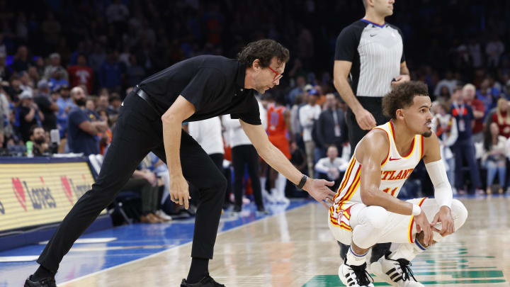 Nov 6, 2023; Oklahoma City, Oklahoma, USA; Atlanta Hawks head coach Quin Snyder gestures to Atlanta