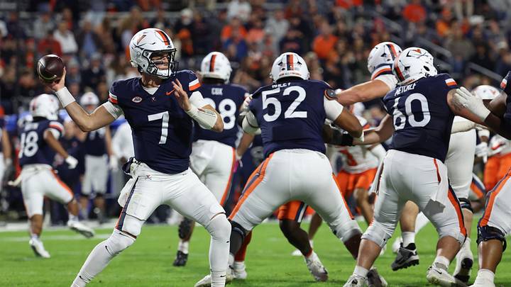 Oct 10, 2026; Charlottesville, Virginia, USA; Virginia Cavaliers quarterback Beau Pribula (7) passes the ball against the Syracuse Orange during the first half at Scott Stadium. Mandatory Credit: Geoff Burke-Imagn Images Oct 10, 2026; Charlottesville, Virginia, USA; Virginia Cavaliers quarterback Beau Pribula (7) passes the ball against the Syracuse Orange during the first half at Scott Stadium. Mandatory Credit: Geoff Burke-Imagn Images