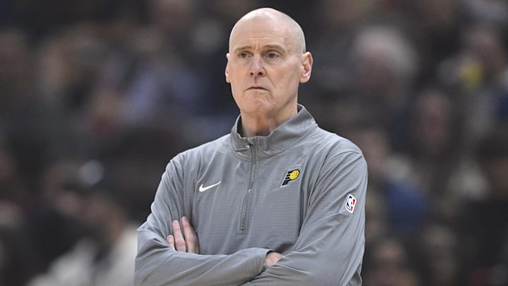 Oct 10, 2024; Cleveland, Ohio, USA; Indiana Pacers head coach Rick Carlisle in the first quarter against the Cleveland Cavaliers at Rocket Mortgage FieldHouse. Mandatory Credit: David Richard-Imagn Images