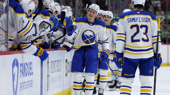 Nov 29, 2025; Saint Paul, Minnesota, USA; Buffalo Sabres right wing Josh Doan (91) celebrates his goal against the Minnesota Wild during the third period at Grand Casino Arena. Mandatory Credit: Matt Krohn-Imagn Images