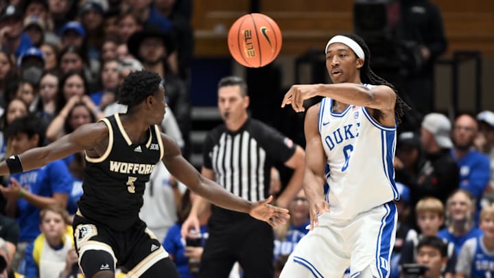 Nov 16, 2024; Durham, North Carolina, USA; Duke basketball forward Maliq Brown (6) pass the ball during the first half against the Wofford Terriers at Cameron Indoor Stadium.