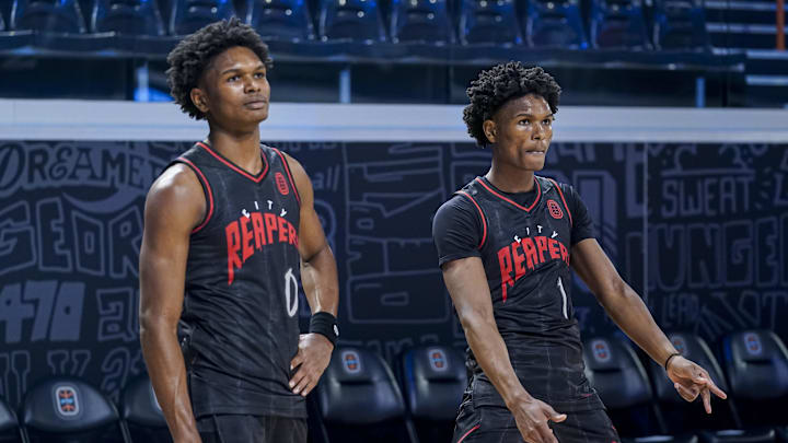 Dec 9, 2022; Atlanta, GA, USA; City Reapers guards Ausar Thompson (0) and Amen Thompson (1) react