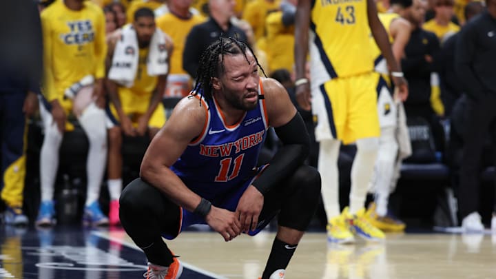 May 31, 2025; Indianapolis, Indiana, USA; New York Knicks guard Jalen Brunson (11) reacts after a play against the Indiana Pacers in the third quarter during game six of the eastern conference finals for the 2025 NBA Playoffs at Gainbridge Fieldhouse. Mandatory Credit: Trevor Ruszkowski-Imagn Images