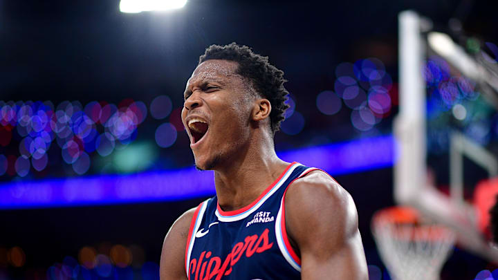 Mar 9, 2026; Inglewood, California, USA; Los Angeles Clippers guard Bennedict Mathurin (9) reacts after scoring a basket and drawing the foul against the New York Knicks during the second half at Intuit Dome. Mandatory Credit: Gary A. Vasquez-Imagn Images