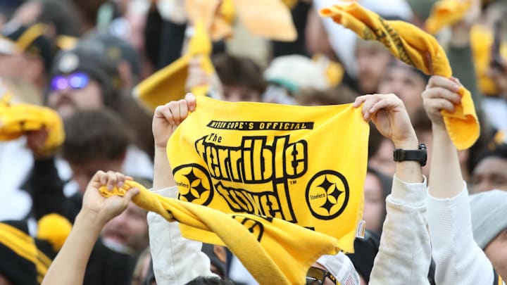 Nov 17, 2024; Pittsburgh, Pennsylvania, USA;  Pittsburgh Steelers fans wave Terrible Towels against the Baltimore Ravens during the fourth quarter at Acrisure Stadium. Mandatory Credit: Charles LeClaire-Imagn Images