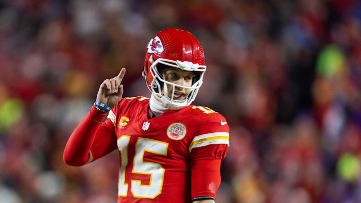 Jan 26, 2025; Kansas City, MO, USA; Kansas City Chiefs quarterback Patrick Mahomes (15) reacts against the Buffalo Bills during the AFC Championship game at GEHA Field at Arrowhead Stadium. Mandatory Credit: Mark J. Rebilas-Imagn Images Jan 26, 2025; Kansas City, MO, USA; Kansas City Chiefs quarterback Patrick Mahomes (15) reacts against the Buffalo Bills during the AFC Championship game at GEHA Field at Arrowhead Stadium. Mandatory Credit: Mark J. Rebilas-Imagn Images
