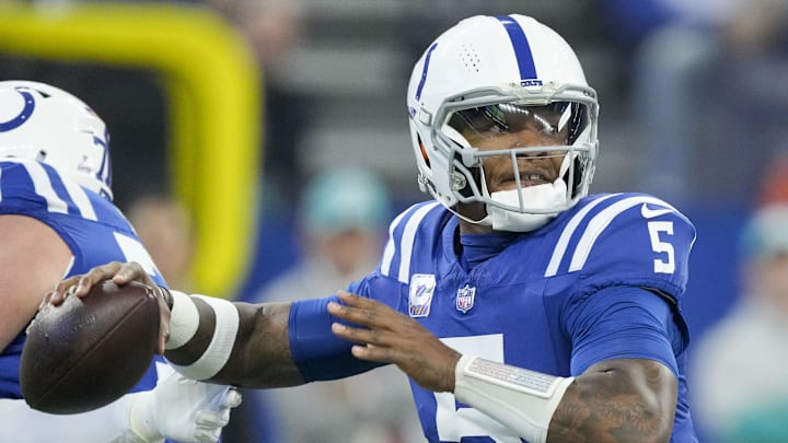 Indianapolis Colts quarterback Anthony Richardson (5) draws back to pass during a game against the Miami Dolphins at Lucas Oil Stadium.