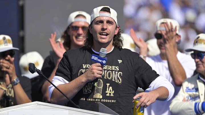 Nov 1, 2024; Los Angeles, CA, USA; Los Angeles Dodgers pitcher Brent Honeywell (40) speaks to fans during the World Series Championship Celebration at Dodger Stadium. Mandatory Credit: Jayne Kamin-Oncea-Imagn Images Nov 1, 2024; Los Angeles, CA, USA; Los Angeles Dodgers pitcher Brent Honeywell (40) speaks to fans during the World Series Championship Celebration at Dodger Stadium. Mandatory Credit: Jayne Kamin-Oncea-Imagn Images