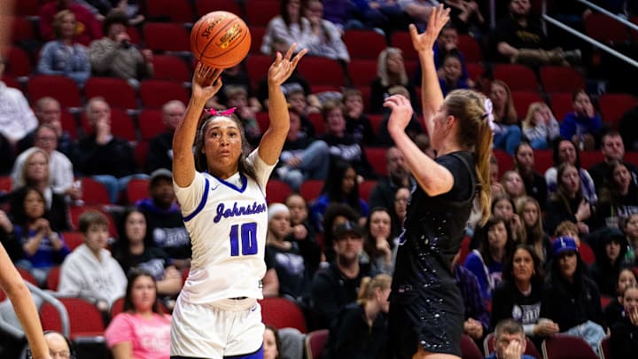 Johnston's Jenica Lewis (10) takes a shot during the 2025 girls state basketball tournament on Monday, March 3, 2025, at Wells Fargo Arena.