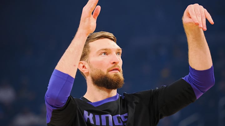 Jan 5, 2025; San Francisco, California, USA; Sacramento Kings center Domantas Sabonis (11) warms up before the game against the Golden State Warriors at Chase Center. Mandatory Credit: Kelley L Cox-Imagn Images