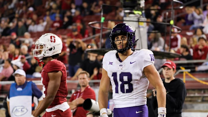 Aug 30, 2024; Stanford, California, USA; TCU Horned Frogs wide receiver Jack Bech (18) scores a touchdown during the second half against the Stanford Cardinal at Stanford Stadium. Mandatory Credit: Sergio Estrada-Imagn Images