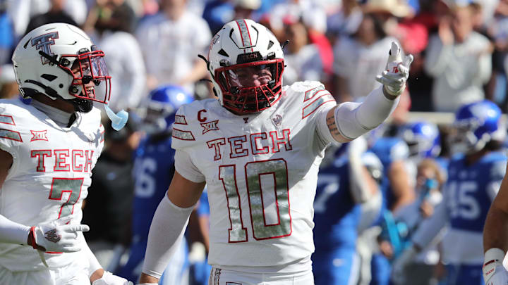 Texas Tech Red Raiders defensive back Jacob Rodriguez (10) reacts after a play against the Brigham Young Cougars at Jones AT&T Stadium. 