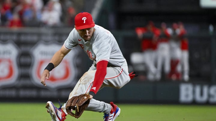 Apr 9, 2024; St. Louis, Missouri, USA;  Philadelphia Phillies shortstop Trea Turner (7) fields a ground ball.