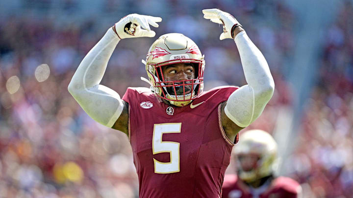 Oct 14, 2023; Tallahassee, Florida, USA; Florida State Seminoles defensive end Jared Verse (5)
