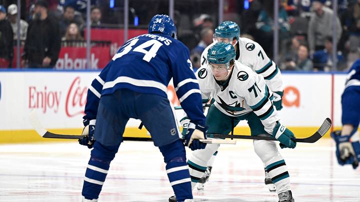 Oct 19, 2026; Toronto, Ontario, CAN; San Jose Sharks forward Macklin Celebrini (71) and Toronto Maple Leafs forward Auston Matthews (34) line up for a face off to start the second period at Scotiabank Arena. Mandatory Credit: Dan Hamilton-Imagn Images Oct 19, 2026; Toronto, Ontario, CAN; San Jose Sharks forward Macklin Celebrini (71) and Toronto Maple Leafs forward Auston Matthews (34) line up for a face off to start the second period at Scotiabank Arena. Mandatory Credit: Dan Hamilton-Imagn Images