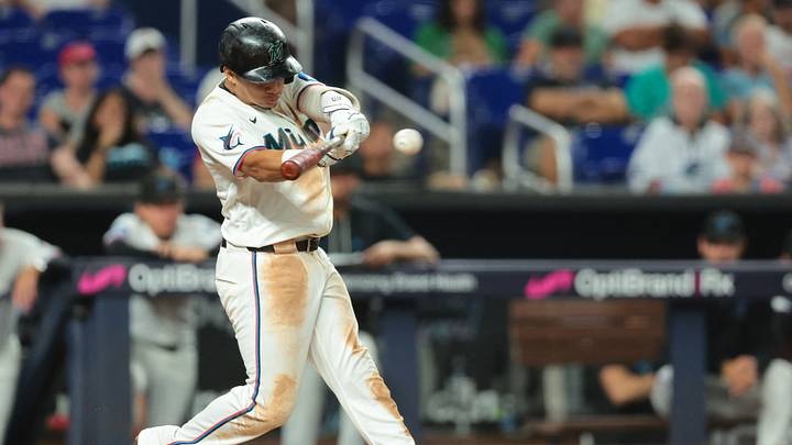 Miami Marlins third baseman Javier Sanoja hits a single Mandatory Credit: Sam Navarro-Imagn Images Miami Marlins third baseman Javier Sanoja hits a single Mandatory Credit: Sam Navarro-Imagn Images