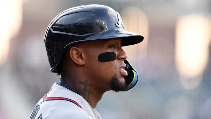 May 1, 2026; Denver, Colorado, USA; Atlanta Braves outfielder Ronald Acuna Jr. (13) before his at bad during the first inning against the Colorado Rockies at Coors Field. Mandatory Credit: Christopher Hanewinckel-Imagn Images