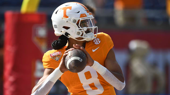 Tennessee quarterback Nico Iamaleava (8) warming up for the Citrus Bowl NCAA College football game
