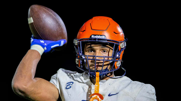 The Benjamin School wide receiver and defensive back Amaree Williams warms up before game against Cardinal Newman in their regional semifinal playoff football game in West Palm Beach on November 17, 2023.