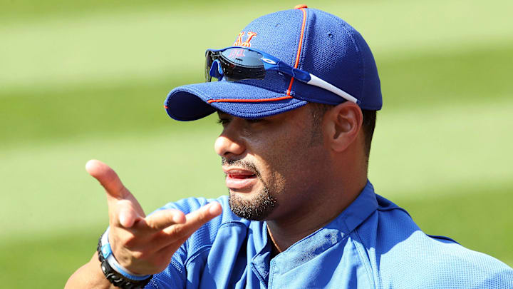 July 24, 2012; New York, NY, USA; New York Mets injured starting pitcher Johan Santana warms up with his team before a game against the Washington Nationals at Citi Field. Mandatory Credit: Brad Penner-Imagn Images July 24, 2012; New York, NY, USA; New York Mets injured starting pitcher Johan Santana warms up with his team before a game against the Washington Nationals at Citi Field. Mandatory Credit: Brad Penner-Imagn Images