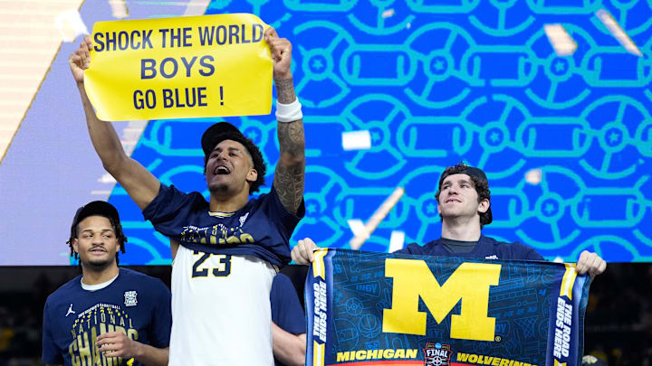 Michigan forward Yaxel Lendeborg (23) celebrates on after beating Connecticut to win the NCAA national championship at Lucas Oil Stadium in Indianapolis on Monday, April 6, 2026. Michigan forward Yaxel Lendeborg (23) celebrates on after beating Connecticut to win the NCAA national championship at Lucas Oil Stadium in Indianapolis on Monday, April 6, 2026.