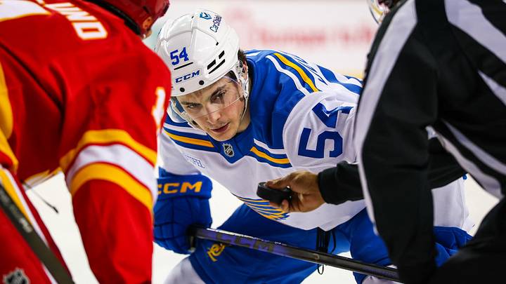 Mar 18, 2026; Calgary, Alberta, CAN; St. Louis Blues right wing Dalibor Dvorsky (54) during the face off against Calgary Flames center Mikael Backlund (11) during the first period at Scotiabank Saddledome. Mandatory Credit: Sergei Belski-Imagn Images Mar 18, 2026; Calgary, Alberta, CAN; St. Louis Blues right wing Dalibor Dvorsky (54) during the face off against Calgary Flames center Mikael Backlund (11) during the first period at Scotiabank Saddledome. Mandatory Credit: Sergei Belski-Imagn Images