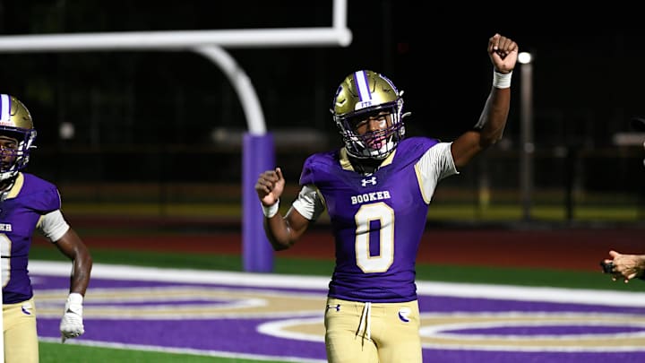 Booker's defensive back/wide receiver Chauncey Kennon (#0) celebrates a touchdown. The Booker Tornadoes hosted the Lely Trojans (Naples, FL) Friday night, Aug. 23, 2024, who lost to Booker 46-0 during the first regular non-conference season game of the year.