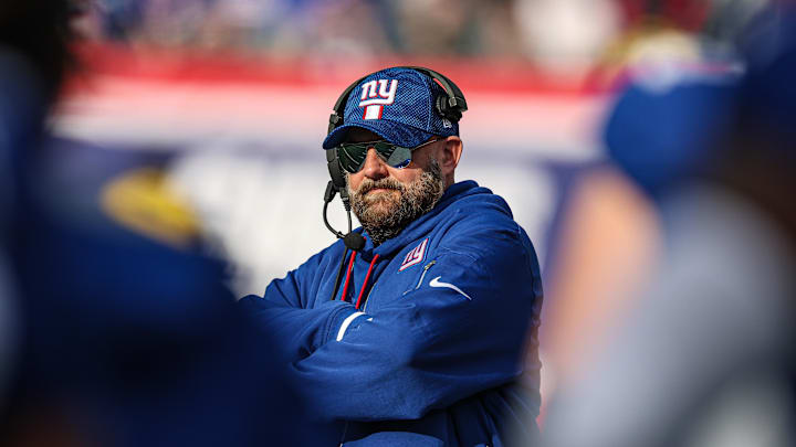 Dec 29, 2024; East Rutherford, New Jersey, USA; New York Giants head coach Brian Daboll looks on during the first half against the Indianapolis Colts at MetLife Stadium. Mandatory Credit: Vincent Carchietta-Imagn Images