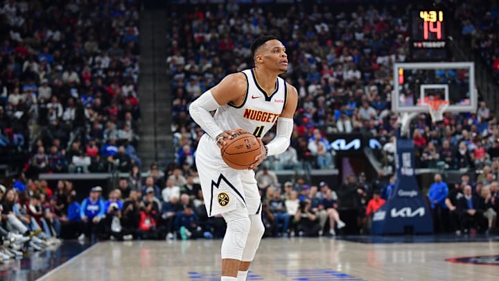 Apr 24, 2025; Inglewood, California, USA; Denver Nuggets guard Russell Westbrook (4) controls the ball against the Los Angeles Clippers during the first half of game three in the first round for the 2024 NBA Playoffs at Intuit Dome. Mandatory Credit: Gary A. Vasquez-Imagn Images