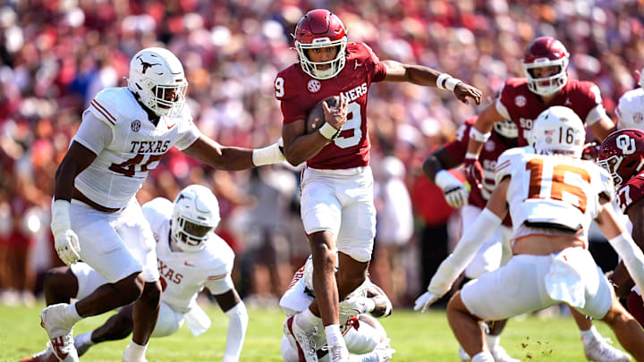 Oklahoma Sooners quarterback Michael Hawkins Jr. (9) rushes in the first half of the Red River Rivalry college football game between the University of Oklahoma Sooners and the Texas Longhorn at the Cotton Bowl Stadium in Dallas, Texas, Saturday, Oct., 12, 2024. Oklahoma Sooners quarterback Michael Hawkins Jr. (9) rushes in the first half of the Red River Rivalry college football game between the University of Oklahoma Sooners and the Texas Longhorn at the Cotton Bowl Stadium in Dallas, Texas, Saturday, Oct., 12, 2024.