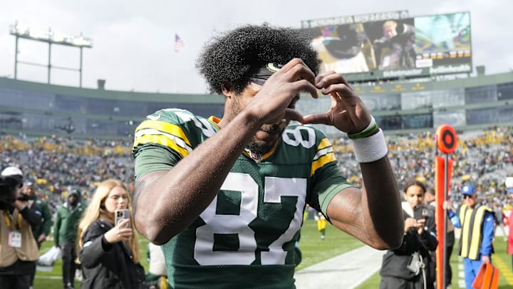 Green Bay Packers wide receiver Romeo Doubs (87) acknowleges the fans after Sunday's win over the Cardinals.