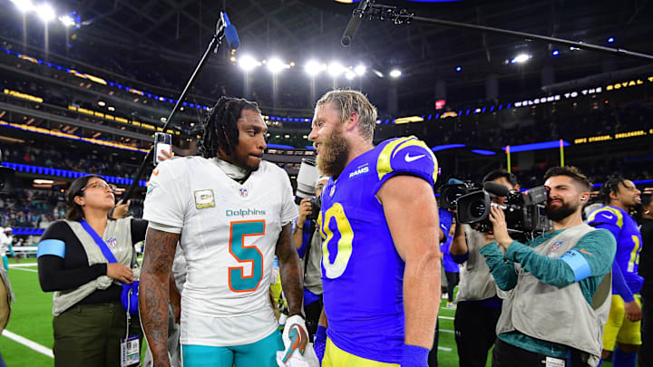 Nov 11, 2024; Inglewood, California, USA; Miami Dolphins cornerback Jalen Ramsey (5) meets with Los Angeles Rams wide receiver Cooper Kupp (10) following the game at SoFi Stadium. Mandatory Credit: Gary A. Vasquez-Imagn Images