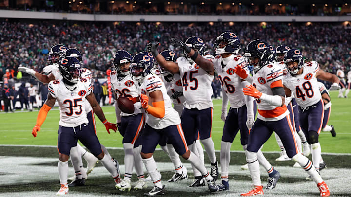 Nov 28, 2025; Philadelphia, Pennsylvania, USA; Chicago Bears safety Kevin Byard III (31) celebrates after an interception against the Philadelphia Eagles with teammates during the third quarter of the game at Lincoln Financial Field. Mandatory Credit: Bill Streicher-Imagn Images