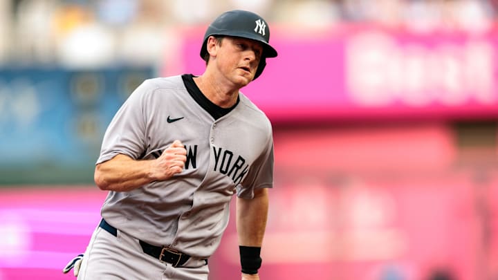 Jun 11, 2025; Kansas City, Missouri, USA;  New York Yankees second base DJ LeMahieu (26) rounds third base during the second inning against the Kansas City Royals at Kauffman Stadium. Mandatory Credit: William Purnell-Imagn Images