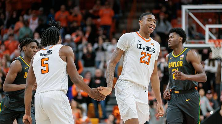 Jan 6, 2024; Stillwater, Oklahoma, USA; Oklahoma State Cowboys guard Quion Williams (5) and Oklahoma