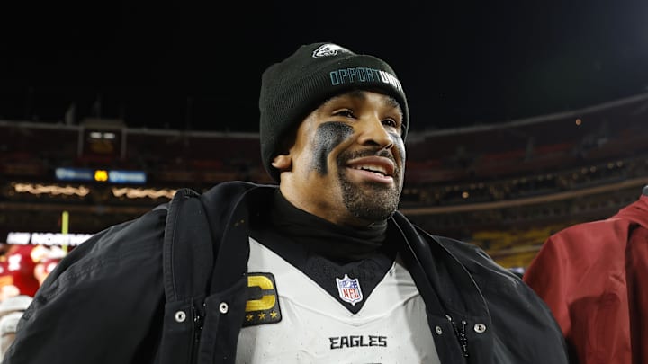 Dec 20, 2025; Landover, Maryland, USA; Philadelphia Eagles quarterback Jalen Hurts (1) looks on from the field after the game against the Washington Commanders at Northwest Stadium. Mandatory Credit: Amber Searls-Imagn Images