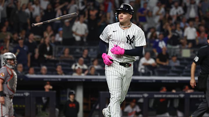 Sep 26, 2024; Bronx, New York, USA; New York Yankees left fielder Alex Verdugo (24) reacts after his solo home run during the eighth inning against the Baltimore Orioles at Yankee Stadium. Mandatory Credit: Vincent Carchietta-Imagn Images