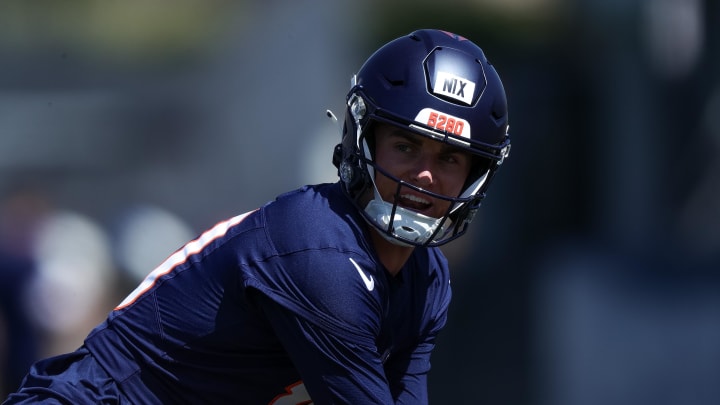 May 23, 2024; Englewood, CO, USA; Denver Broncos quarterback Bo Nix (10) during organized team activities at Centura Health Training Center. Mandatory Credit: Isaiah J. Downing-USA TODAY Sports