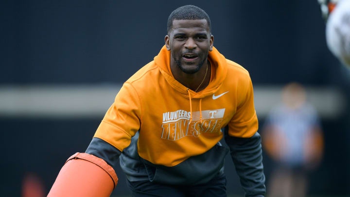 Tennessee wide receivers coach Kelsey Pope during Tennessee football spring practice at Haslam Field