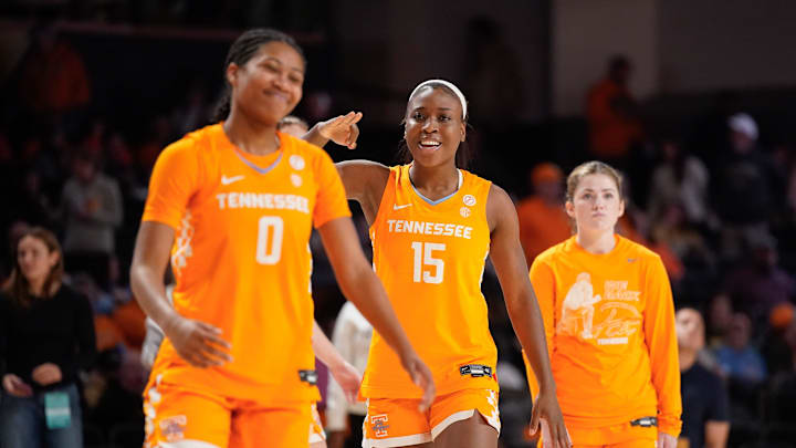 Tennessee guard Jewel Spear (0) and forward Favor Ayodele (15) chat during warm-ups before the game against Vanderbilt at Memorial Gym in Nashville, Tenn., Sunday, Jan. 19, 2025.