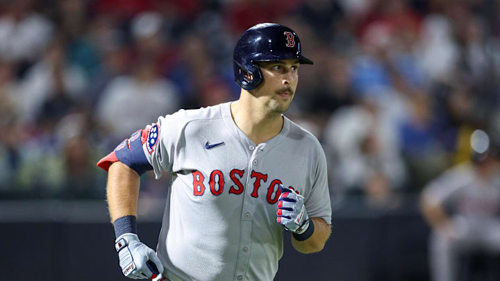 Sep 20, 2025; Tampa, Florida, USA; Boston Red Sox first baseman Nathaniel Lowe (37) reacts after hitting an rbi sacrifice fly ball against the Tampa Bay Rays in the sixth inning at George M. Steinbrenner Field. Mandatory Credit: Nathan Ray Seebeck-Imagn Images
