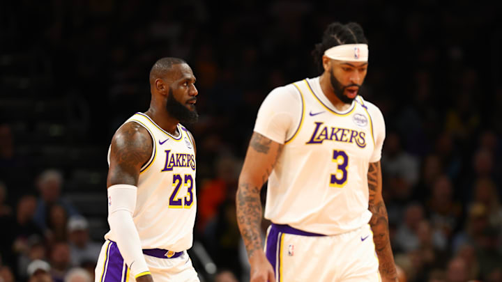 Nov 26, 2024; Phoenix, Arizona, USA; Los Angeles Lakers forward LeBron James (23) and forward Anthony Davis (3) against the Phoenix Suns during an NBA Cup game at Footprint Center. Mandatory Credit: Mark J. Rebilas-Imagn Images