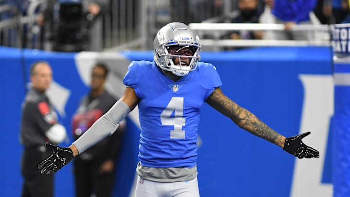 Jan 1, 2023; Detroit, Michigan, USA; Detroit Lions wide receiver DJ Chark (4) looks to the officials for a pass interference call in the end zone against the Chicago Bears in the first quarter at Ford Field. Mandatory Credit: Lon Horwedel-Imagn Images