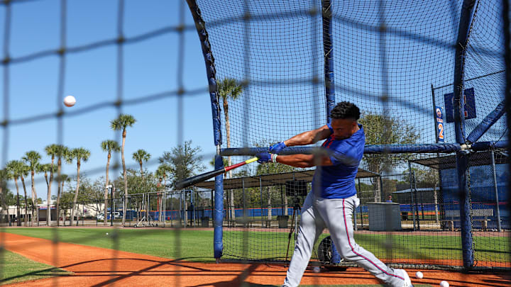 Feb 13, 2026; Port St. Lucie, FL, USA; New York Mets second baseman Jorge Polanco (11) takes batting practice during spring training at Clover Park. Mandatory Credit: Sam Navarro-Imagn Images