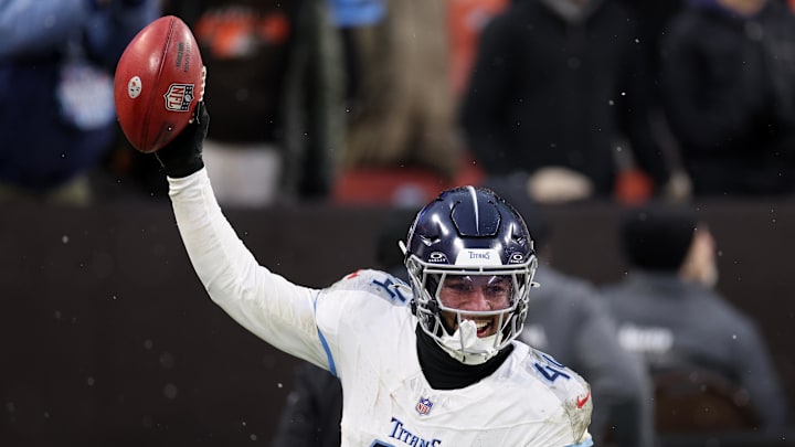 Dec 7, 2025; Cleveland, Ohio, USA; Tennessee Titans safety Mike Brown (44) celebrates after the Titans blocked a field goal attempt by the Cleveland Browns during the fourth quarter at Huntington Bank Field. Mandatory Credit: Scott Galvin-Imagn Images Dec 7, 2025; Cleveland, Ohio, USA; Tennessee Titans safety Mike Brown (44) celebrates after the Titans blocked a field goal attempt by the Cleveland Browns during the fourth quarter at Huntington Bank Field. Mandatory Credit: Scott Galvin-Imagn Images