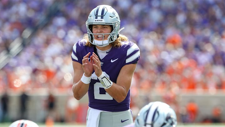 Sep 28, 2024; Manhattan, Kansas, USA; Kansas State Wildcats quarterback Avery Johnson (2) waits for the snap against the Oklahoma State Cowboys during the third quarter at Bill Snyder Family Football Stadium. Mandatory Credit: Scott Sewell-Imagn Images