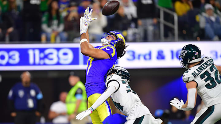 Nov 24, 2024; Inglewood, California, USA; Philadelphia Eagles cornerback Isaiah Rodgers (34) defends against Los Angeles Rams wide receiver Puka Nacua (17) during the second half at SoFi Stadium. Mandatory Credit: Gary A. Vasquez-Imagn Images Nov 24, 2024; Inglewood, California, USA; Philadelphia Eagles cornerback Isaiah Rodgers (34) defends against Los Angeles Rams wide receiver Puka Nacua (17) during the second half at SoFi Stadium. Mandatory Credit: Gary A. Vasquez-Imagn Images